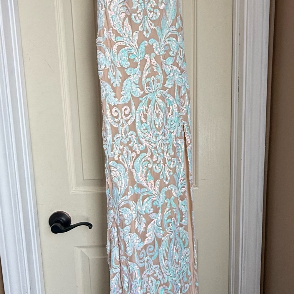 Windsor Sequin Lace Dress in Beige